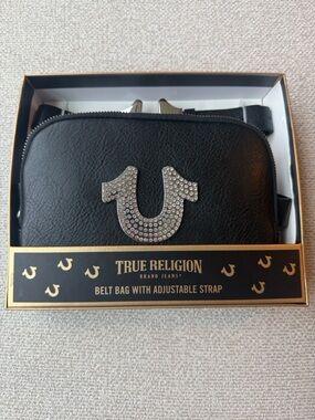 NWOT. True Religion Black and Gold Belt Bag with Crystal Horseshoe